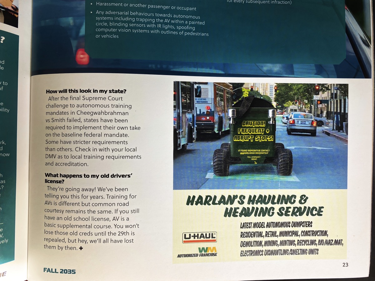 A Design Fiction advertisement for an autonomous cargo and garbage dumpster service called Harlan's Hauling and Heaving