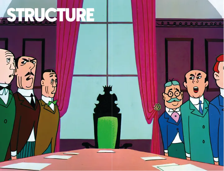 An image from a Bugs Bunny Cartoon showing typical business tycoons in a board room