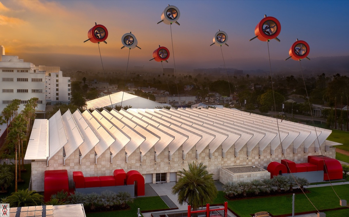 A rendering of Los Angeles County Museum of Art as it is in an adjacent timeline where Solarpunk values are integral to the world