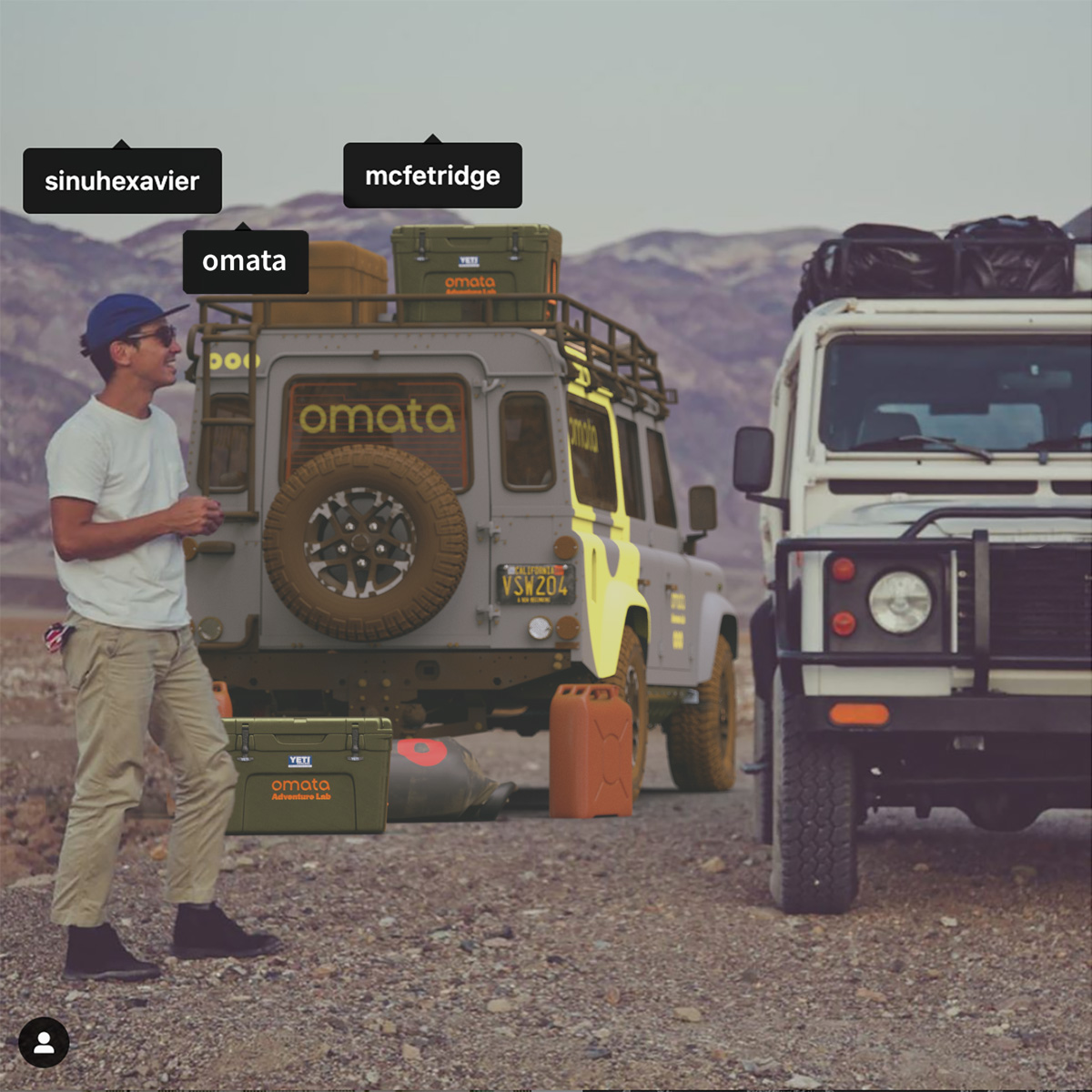 An OMATA social media post of some people standing around in the high plains with mountains in the background doing some expedition adventuring.