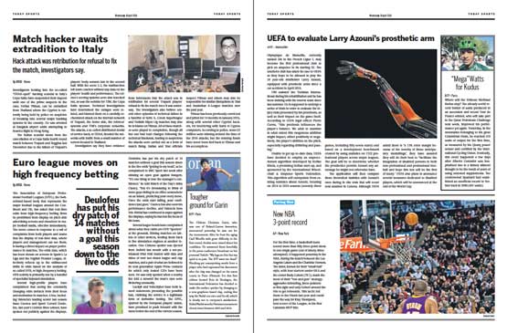 A spread from Winning Formula, the Design Ficiton newspaper from a possible future of sports