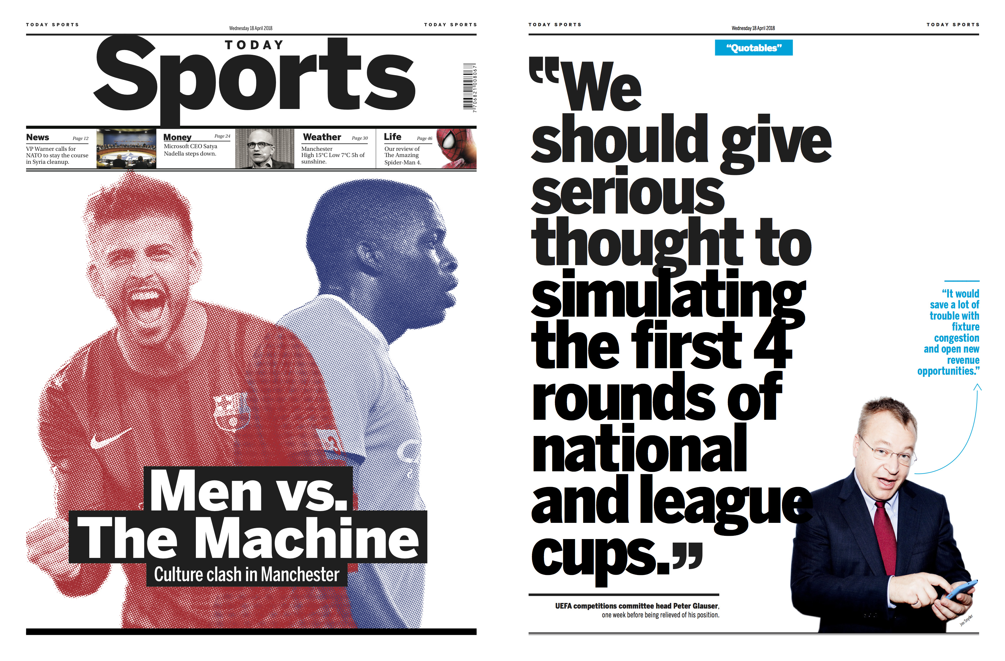 Two pages from Winning Formula a Design Fiction newspaper from a possible future of sport.