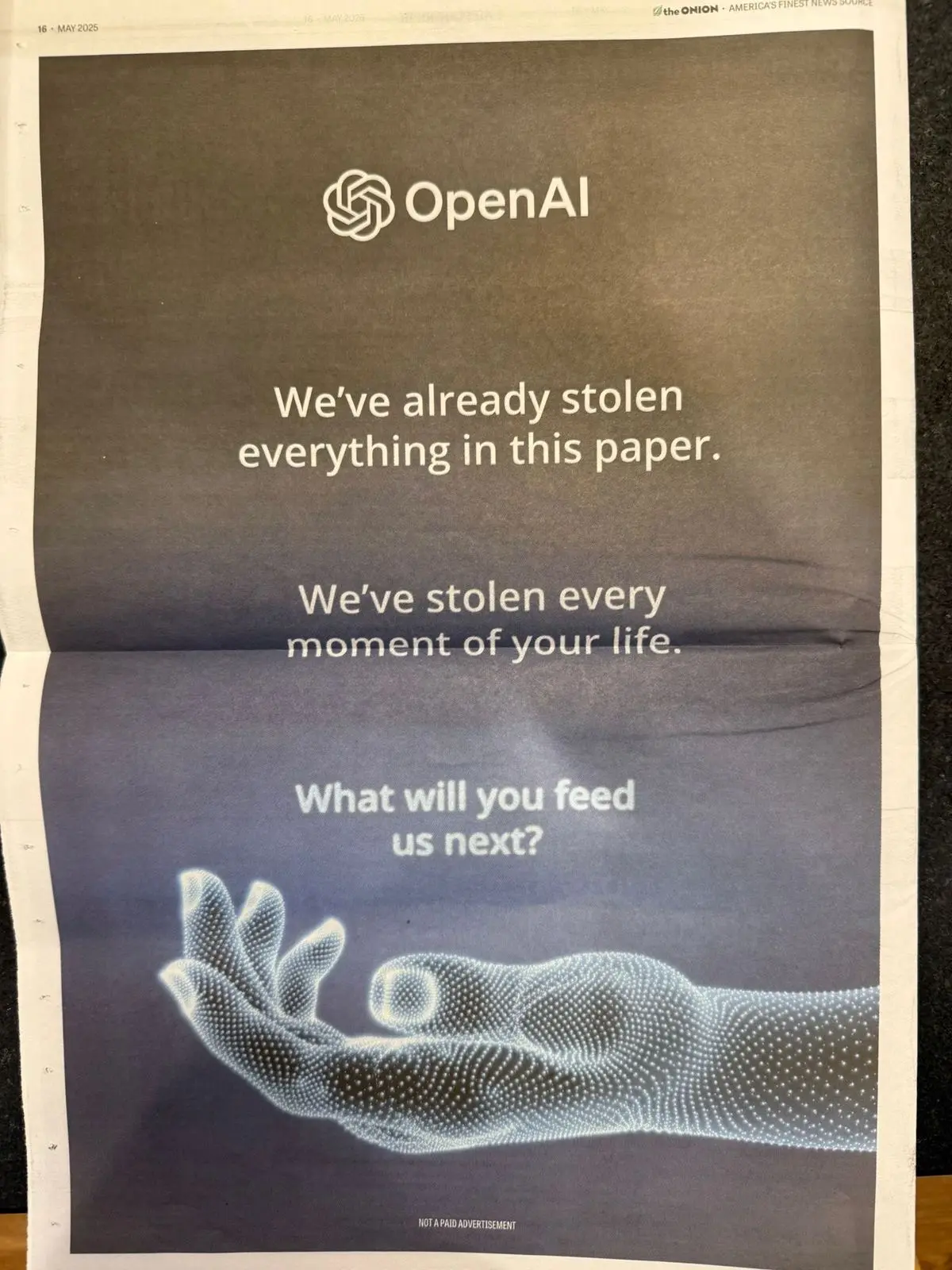 A full page ad from somewhere showing that OpenAI reads/steals everything in the newspaper