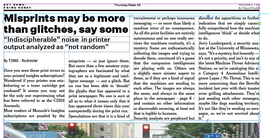 Screenshot from the Near Future Laboratory Design Fiction sketch of a newspaper from an AI future showing an article about images that appear in print newspapers that are not legible to humans but are speculated to be messages from machine intelligences to each other.