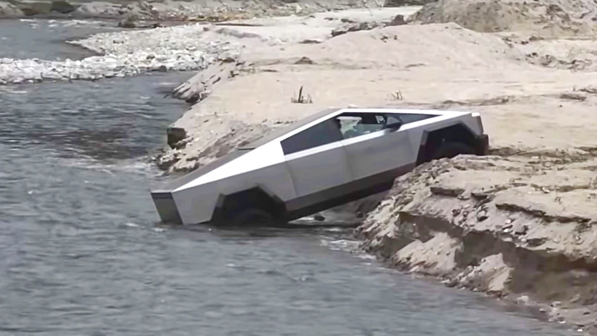 Cybertruck stuck trying to cross a river