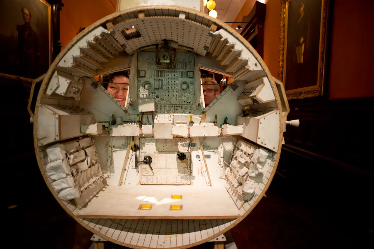 Exhibit piece of a miniature Apollo LEM from Tom Sachs Space Program: Mars, Park Avenue Armory NYC 2012