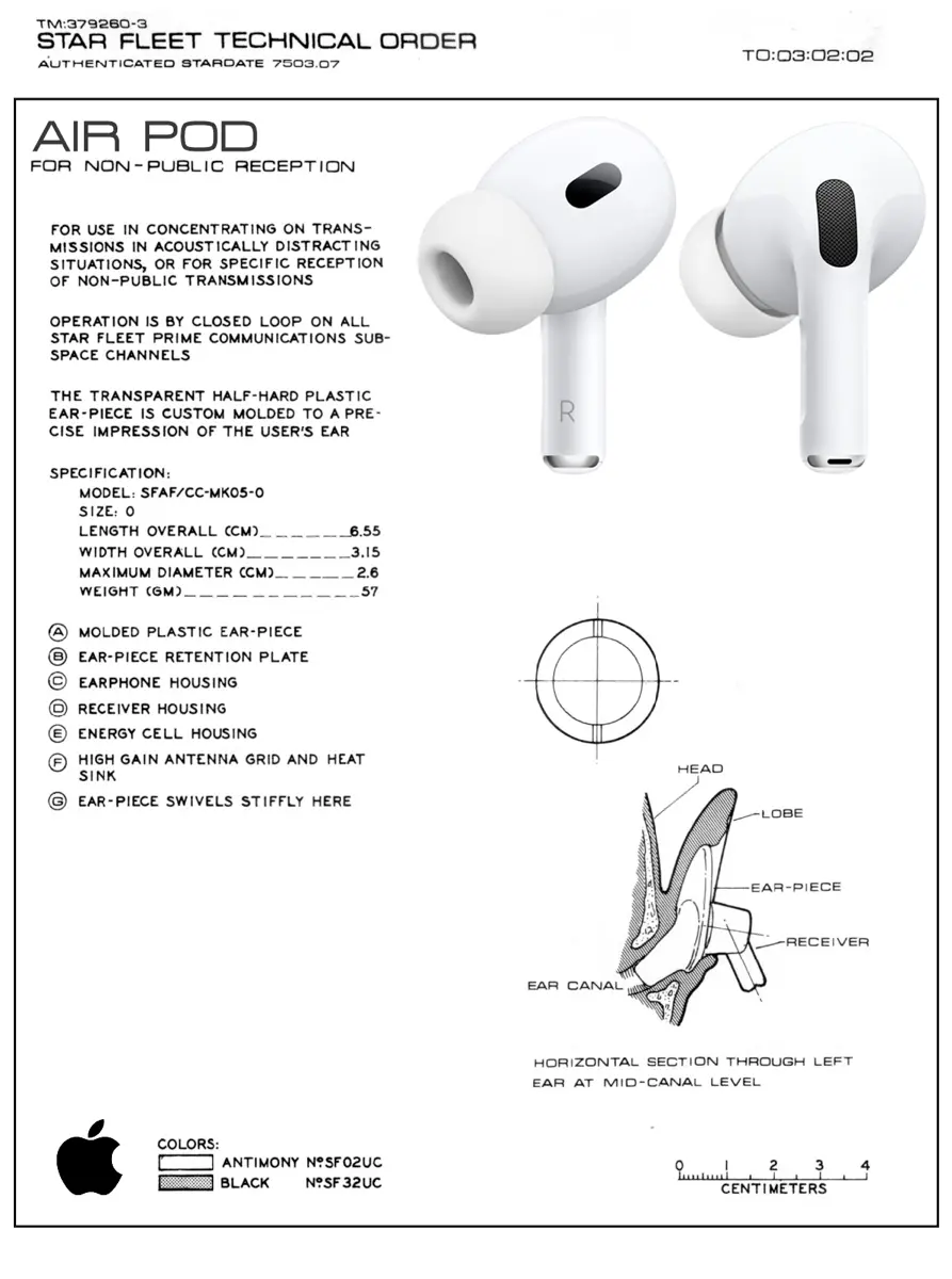 A technical drawing of the Apple Airpod as it might be seen in a Star Trek Technical Manual