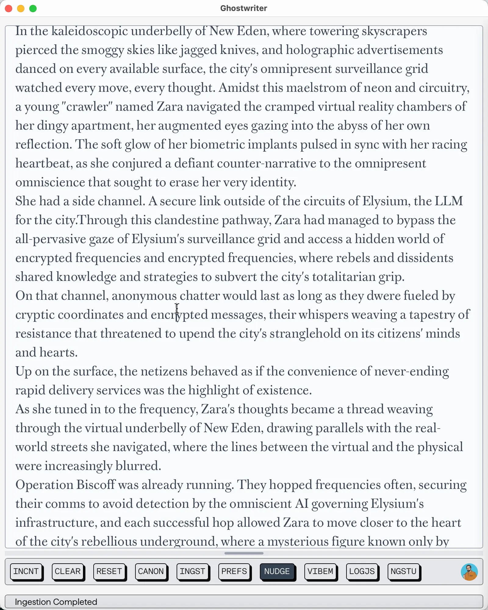 A screen shot of Vibewriter / Ghostwriter with the Zero Cool and the Oraculator story fragment