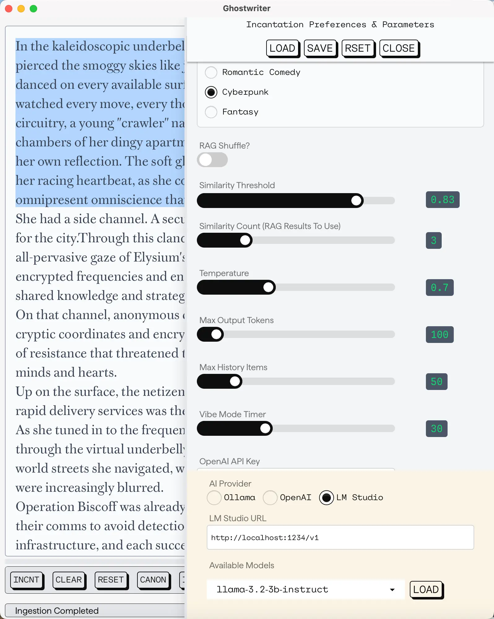A screen shot of Vibewriter / Ghostwriter with the Zero Cool and the Oraculator story fragment