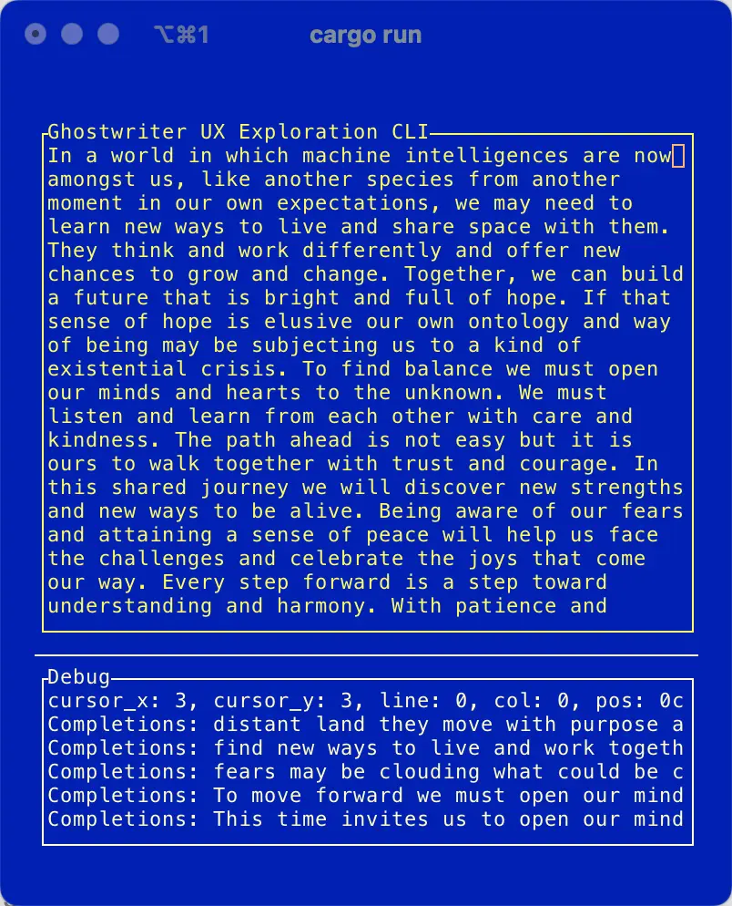 A terminal window view of the Ghostwriter CLI streaming test