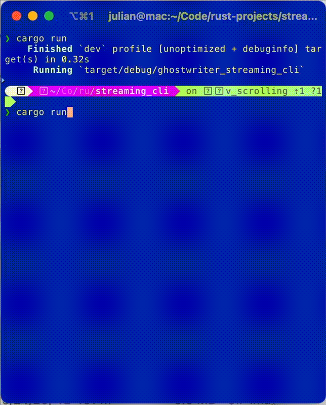A terminal window view of the Ghostwriter CLI streaming test