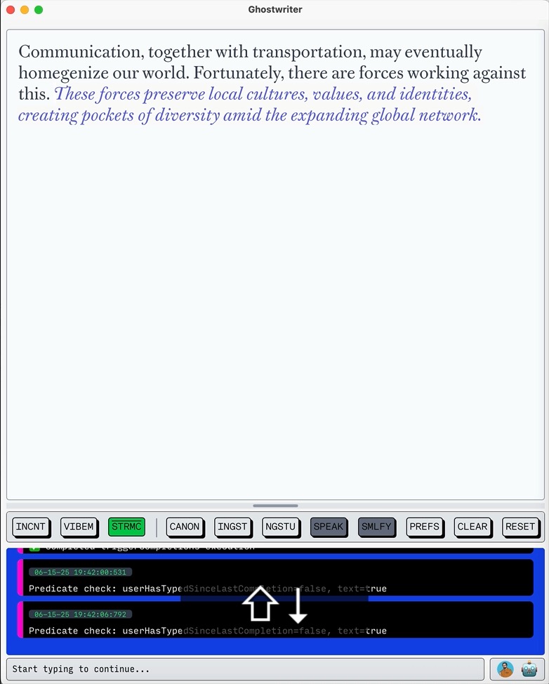 A screen animation of Ghostwriter in Streaming Completion Mode, a speculative functional prototype that explores collaborative AI interactions.
