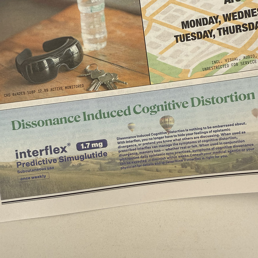 An image of a design fiction artifact titled "dissonance induced cognitive distortion"