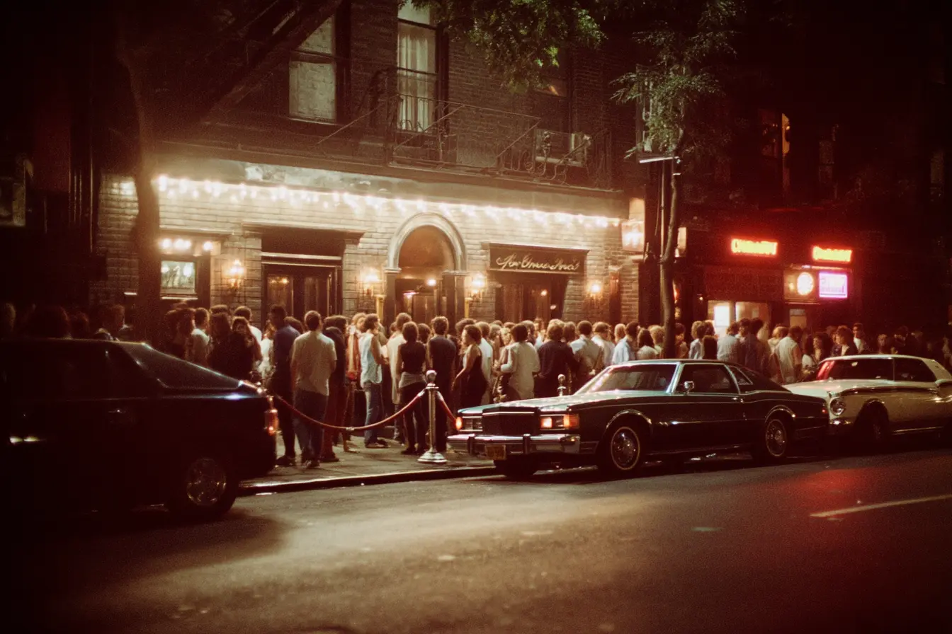 An AI generated image of a bar with a crowd waiting out front to get in.