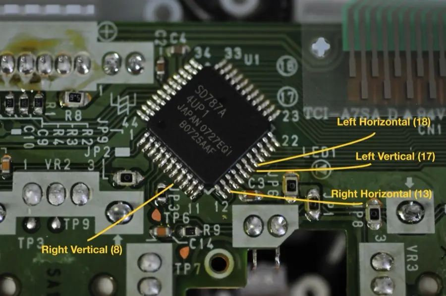 Annotated circuit image of interior of a Playstation Controller