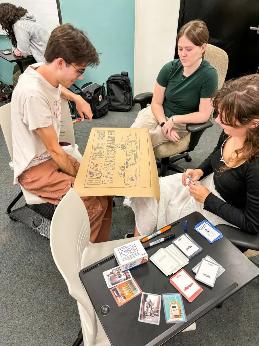 Students engaged in activities at the Chapman University Design Fiction 101 Talk & Workshop